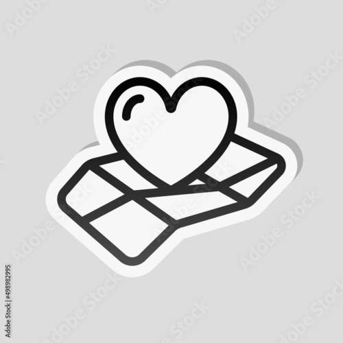 Paper map and heart, favorite addresses, loved places. Linear sticker, white border and simple shadow on gray background