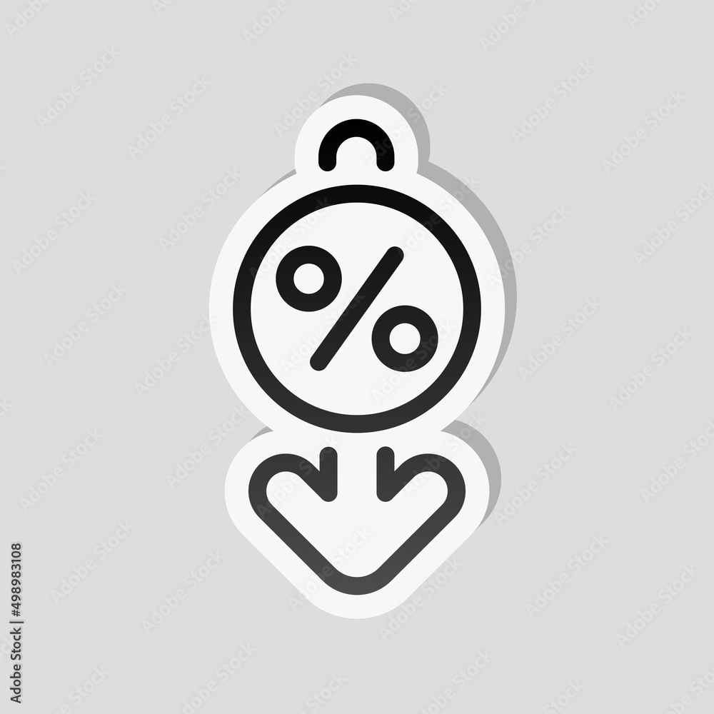 Percent down, low price, reduce cost, business icon. Linear sticker, white border and simple shadow on gray background Percent down, low price, reduce cost, business icon. Linear sticker, white border and simple shadow on gray background