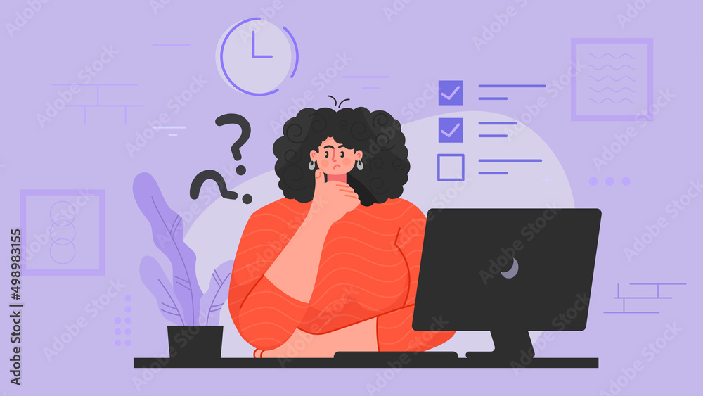 Confused girl, the woman at the office thinking and working on the computer with question marks. Flat vector illustration.
