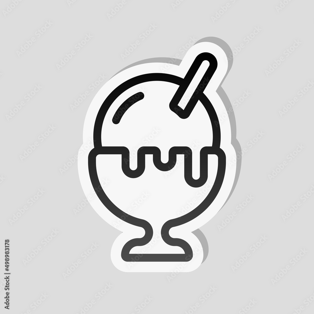 Ice cream balls in the bowl. Linear sticker, white border and simple shadow on gray background Ice cream balls in the bowl. Linear sticker, white border and simple shadow on gray background