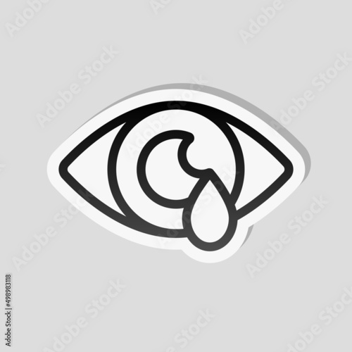 Sore eyes, painful redness, tears from pain, medicine icon. Linear sticker, white border and simple shadow on gray background