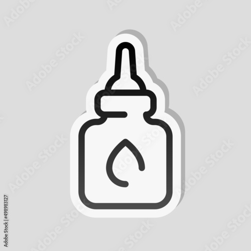 Eye or nasal drops, dropper, medical icon. Linear sticker, white border and simple shadow on gray background