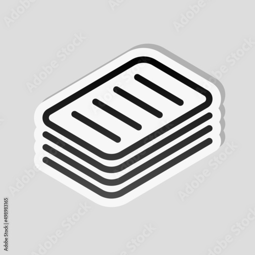 Stack of documents of papers, business icon. Linear sticker, white border and simple shadow on gray background