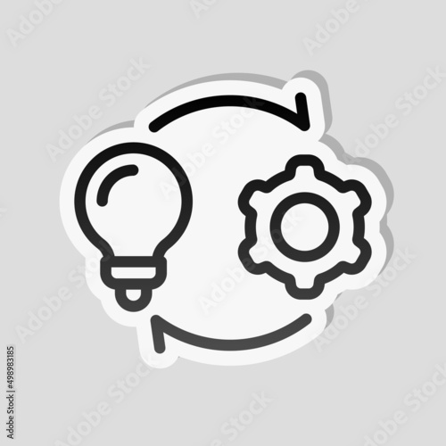 Process of implementation, business icon. Linear sticker, white border and simple shadow on gray background