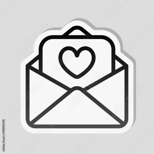 Inviting postcard, envelope with letter. Linear sticker, white border and simple shadow on gray background