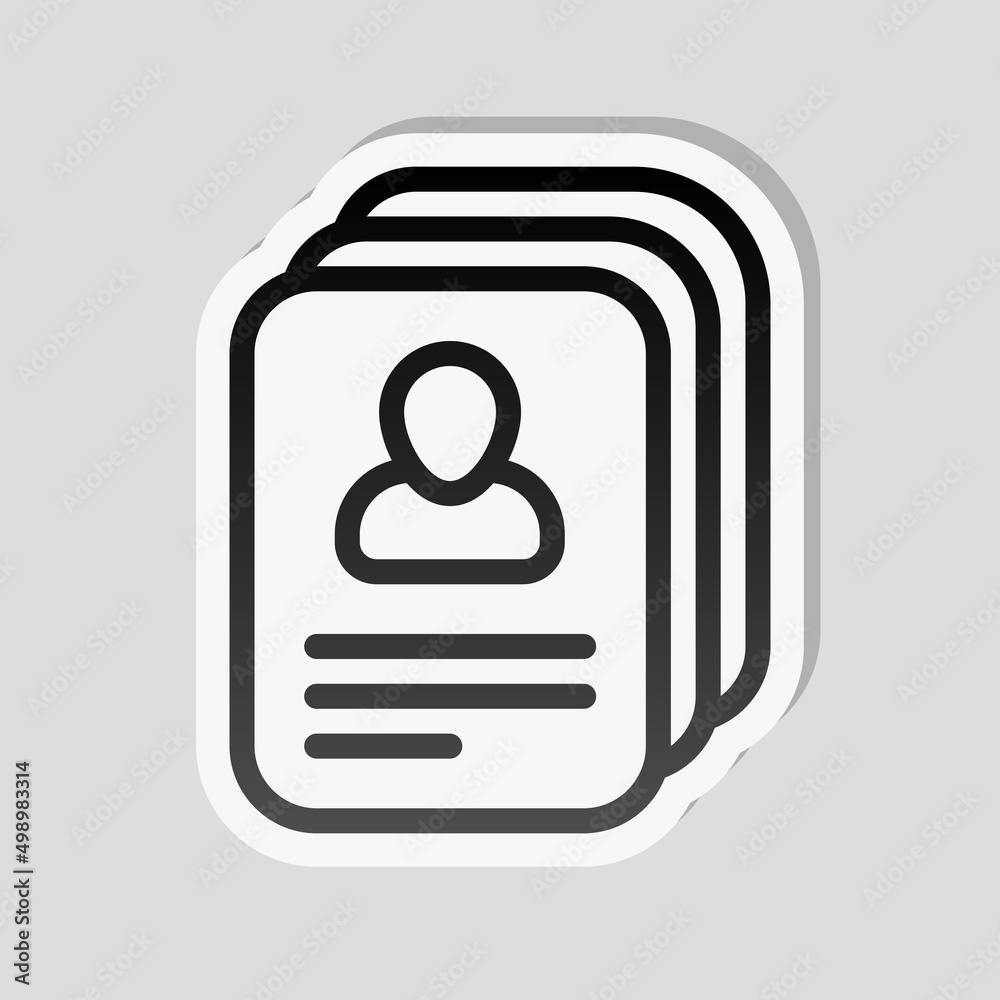 Resume on paper, simple business icon. Linear sticker, white border and simple shadow on gray background Resume on paper, simple business icon. Linear sticker, white border and simple shadow on gray background