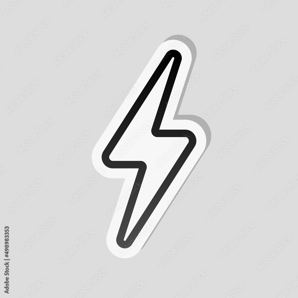 Lightning bolt, electric power, simple icon. Linear sticker, white border and simple shadow on gray background Lightning bolt, electric power, simple icon. Linear sticker, white border and simple shadow on gray background