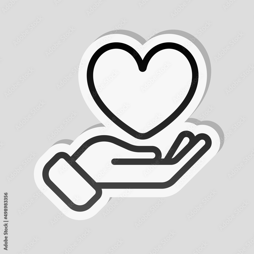 Hand and heart, help and care, simple icon. Linear sticker, white border and simple shadow on gray background Hand and heart, help and care, simple icon. Linear sticker, white border and simple shadow on gray background