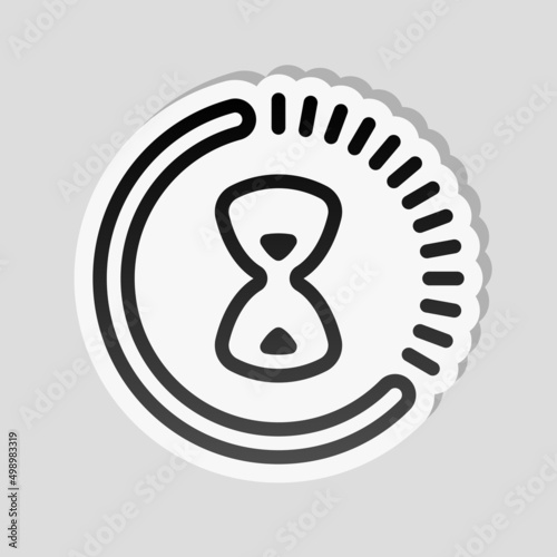 Old hourglass, simple wait icon. Linear sticker, white border and simple shadow on gray background
