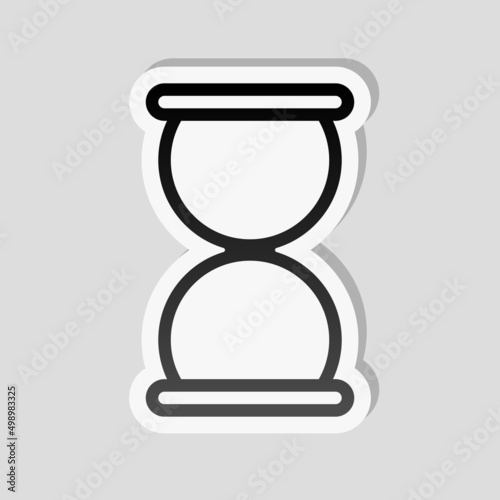 Old hourglass, simple wait icon. Linear sticker, white border and simple shadow on gray background