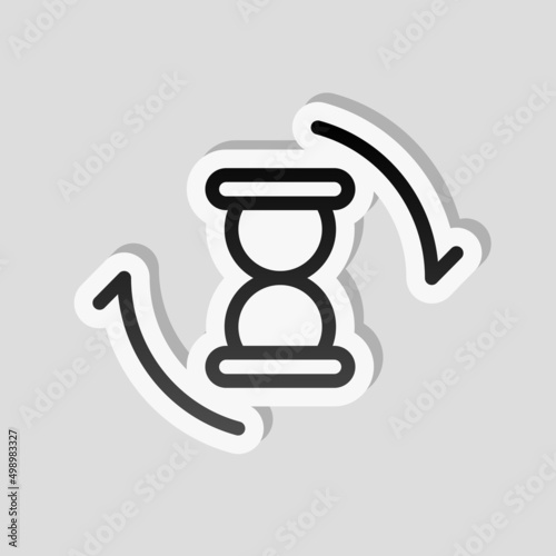 Old hourglass, simple wait icon. Linear sticker, white border and simple shadow on gray background