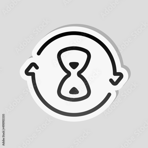 Old hourglass, simple wait icon. Linear sticker, white border and simple shadow on gray background