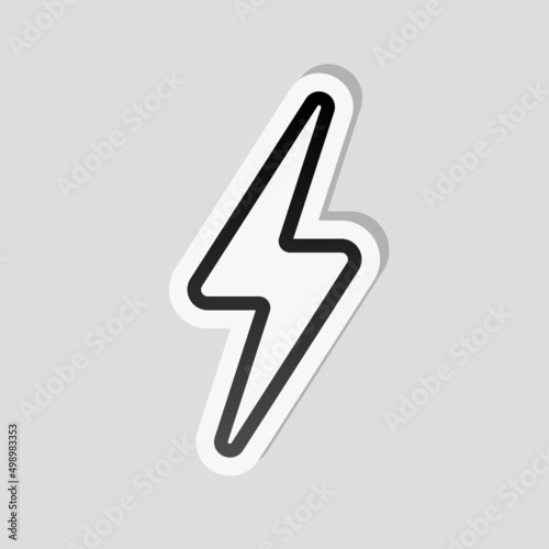 Lightning bolt, electric power, simple icon. Linear sticker, white border and simple shadow on gray background