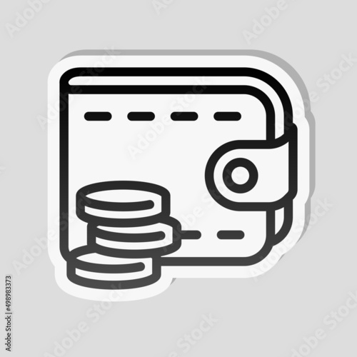 Simple wallet icon, place for money and cards. Linear sticker, white border and simple shadow on gray background