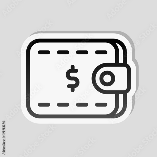 Simple wallet icon, place for money and cards. Linear sticker, white border and simple shadow on gray background