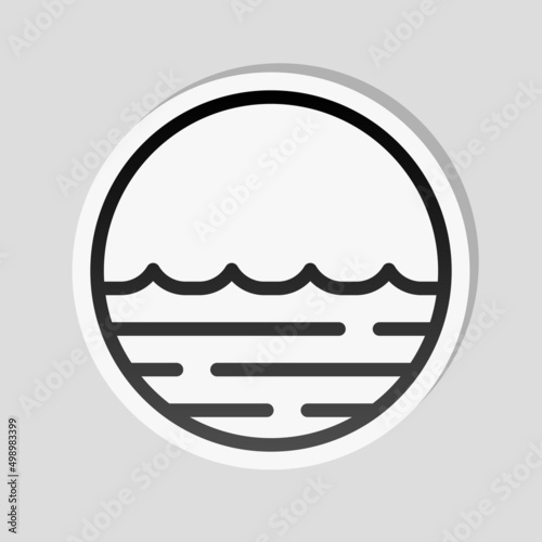 Simple wave icon  sea or ocean  abstract business logo. Linear sticker  white border and simple shadow on gray background