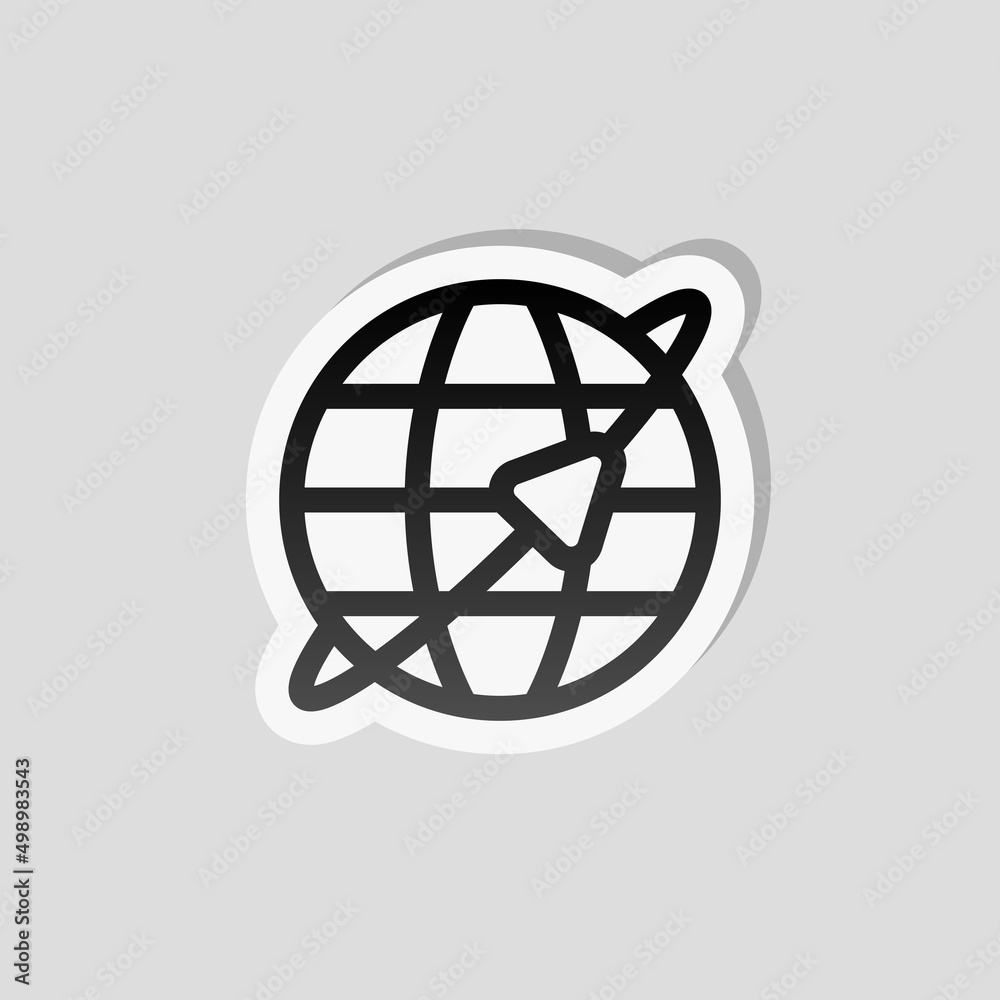 Globe and plane, air travel, around the world, simple business icon. Linear sticker, white border and simple shadow on gray background Globe and plane, air travel, around the world, simple business icon. Linear sticker, white border and simple shadow on gray background
