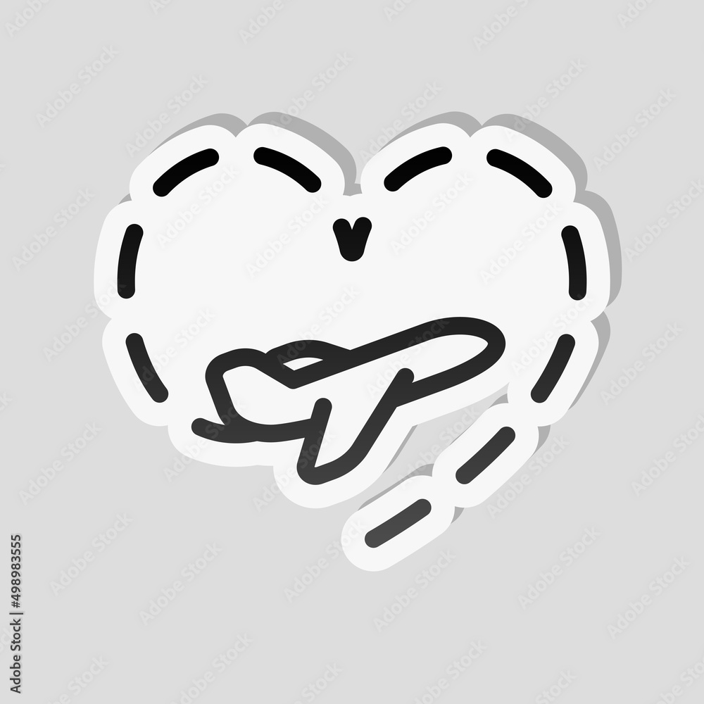 Plane and heart, love of travel, simple business icon. Linear sticker, white border and simple shadow on gray background