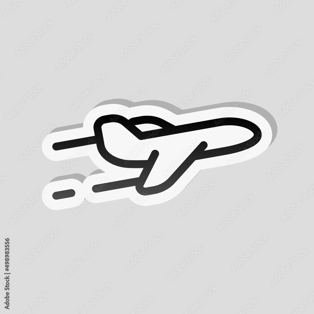 Plane silhouette, simple business icon. Linear sticker, white border and simple shadow on gray background Plane silhouette, simple business icon. Linear sticker, white border and simple shadow on gray background