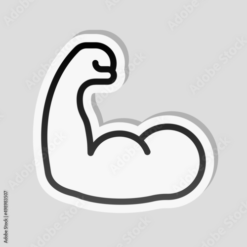 Strong muscle, hand with powerful bicep, simple icon. Linear sticker, white border and simple shadow on gray background
