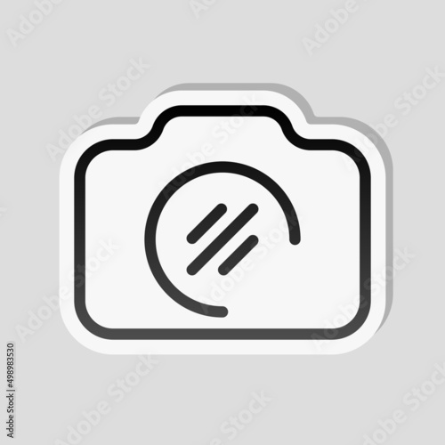 Photo camera, simple digital icon. Linear sticker, white border and simple shadow on gray background
