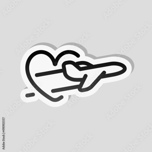 Plane and heart, love of travel, simple business icon. Linear sticker, white border and simple shadow on gray background