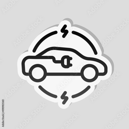 Modern electric car, green energy, simple icon. Linear sticker, white border and simple shadow on gray background