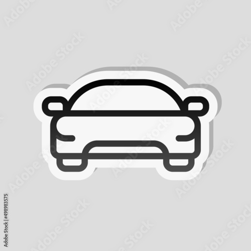 Car silhouette, simple icon. Linear sticker, white border and simple shadow on gray background