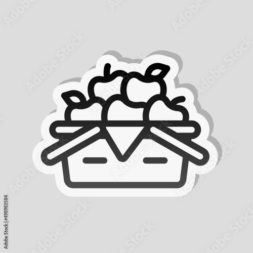 Box with fruits, simple icon. Linear sticker, white border and simple shadow on gray background