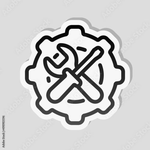 Service tools, wrench and screwdriver, repair instruments, simple icon. Linear sticker, white border and simple shadow on gray background