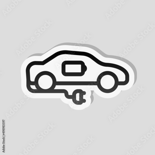 Modern electric car, green energy, simple icon. Linear sticker, white border and simple shadow on gray background