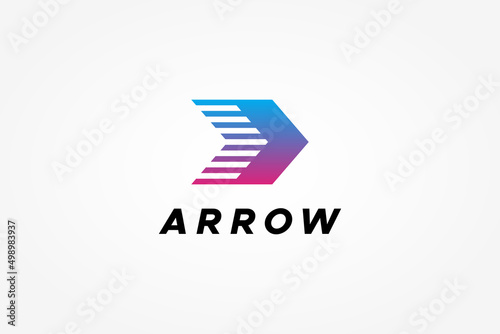 Right Arrow Logo. Blue Purple Gradient Geometric Arrow Shape with Striped Lines isolated on White Background. Flat Vector Logo Design Template Element for Business and Technology Logos.