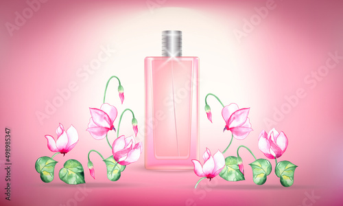 Advertising of paired products. Pink bottle with toilet water or perfume, flowers and leaves of cyclamen on a pink background.