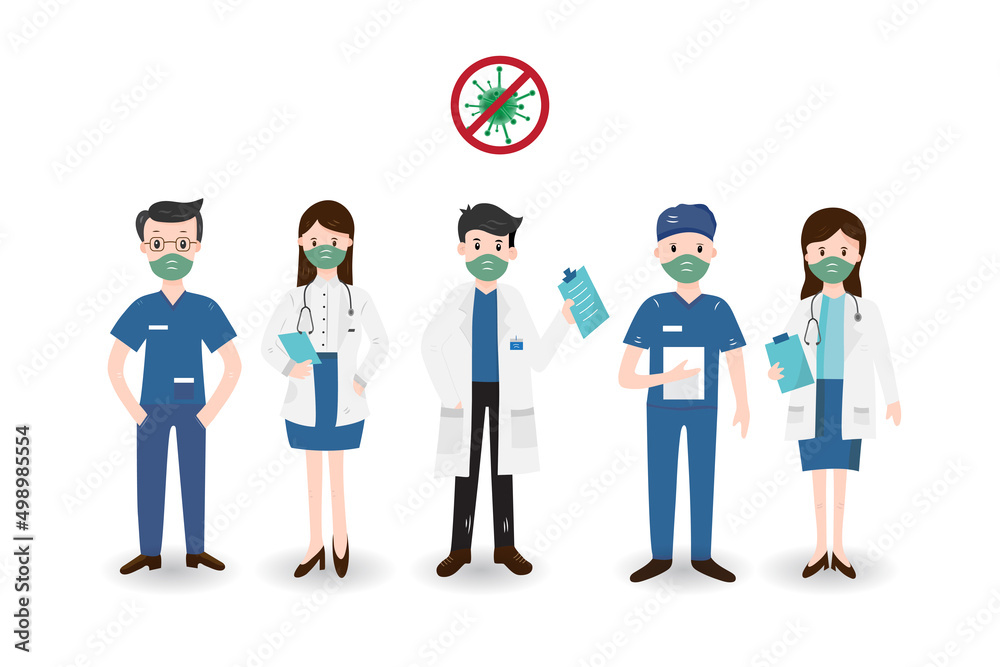 Group of doctors in uniform with face masks and virus icon isolated on white background ,medical team ,medical healthcare ,cartoon character ,Corona (Covid-19) virus protection ,Vector ,Illustration.