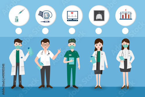 A Group of doctors in uniform with medical equipment icon isolated on blue background ,medical team ,medical healthcare ,cartoon character ,Vector ,Illustration.