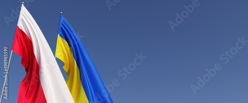 Flags of Poland and Ukraine on the flagpole on side. Flags on a blue background. Place for text. Polish, Warsaw. Ukrainian, Kyiv. 3D illustration.