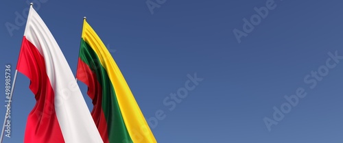 Flags of Poland and Lithuania on the flagpole on side. Flags on a blue background. Place for text. Polish, Warsaw. Lithuanian, Vilnius. 3D illustration.