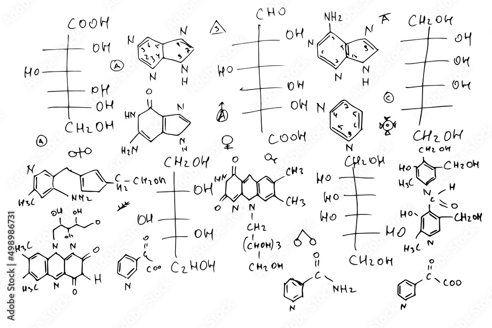 Chemical formulas. Scientific, educational background. Hand-drawn. Vector.