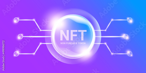 NFT modern violet horizontal banner design template with shiny lights. NFT modern style violet banner, label, sticker, icon, poster and flyer. Non fungible token banner design template