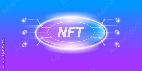 NFT modern violet horizontal banner design template with shiny lights. NFT modern style violet banner, label, sticker, icon, poster and flyer. Non fungible token banner design template photo
