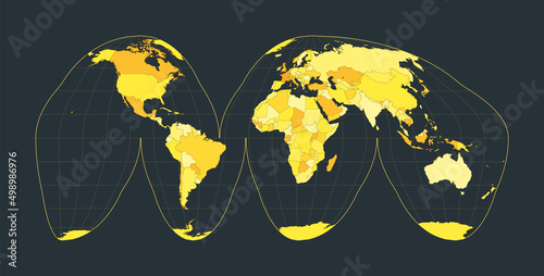 World Map. Goode's interrupted homolosine projection. Futuristic world illustration for your infographic. Bright yellow country colors. Classy vector illustration.