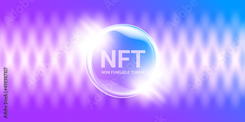 NFT modern violet horizontal banner design template with shiny lights. NFT modern style violet banner, label, sticker, icon, poster and flyer. Non fungible token banner design template photo