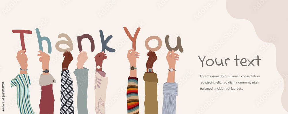 Obraz na plátně Raised arms of group diverse multicultural people holding in hand the letters forming the word -Thank You- in their hands