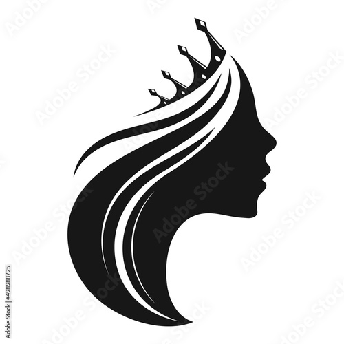 Silhouette of a girl with a crown on her head. Beauty salon and hair care symbol