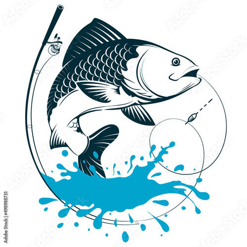 The blue fish jumps on the wave. Fishing rod with hook and float. Symbol for fishing and outdoor activities