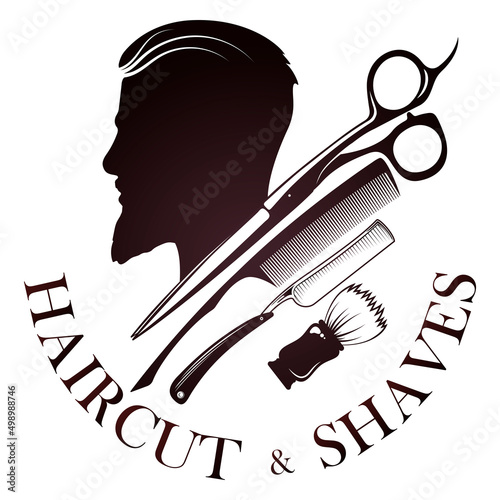 Barbershop and hair salon for men. Men's haircut and shave. Male head silhouette and barber tool