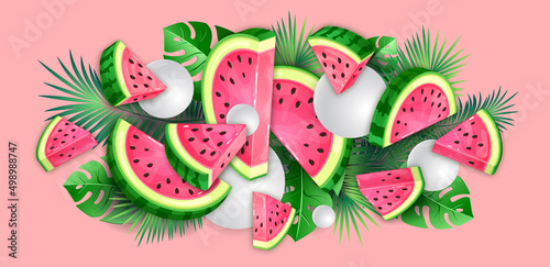 Watermelon slices with tropic leaves on pink background. Vector watermelon illustration