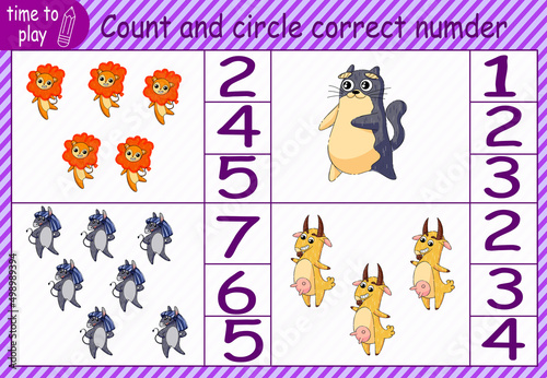  children's educational game, task. Count how many animals are in the picture and circle the correct number. lion, cow, donkey, cat, goat, horse. © Olga