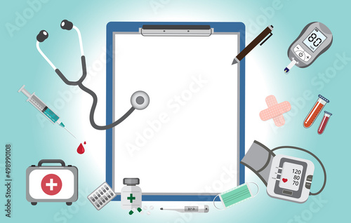 Medical flat icon isolated on Blue background. Hospital equipment. Doctor tool. First aid kits. Medical health care. Vector.Illustration.
