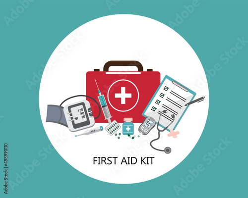 Medical flat icon isolated on green background. Hospital equipment. Doctor tool. First aid kits. Medical health care. Vector.Illustration.